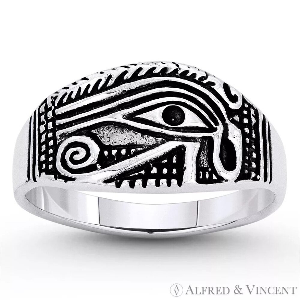 Eye of Horus Egyptian Luck Charm Ring in Oxidized .925 Sterling Silver Size 11